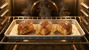 Three seasoned chicken breasts bake to a golden-brown finish on a metal baking sheet inside a hot oven, with steam rising from the meat to illustrate how to cook baked chicken breast at 400 degrees.