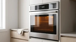 A sleek, built-in stainless steel oven is set to 425°F, with its interior light on, illustrating the high-heat method for preparing baked chicken breast at 425 degrees.