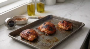 A digital food probe thermometer displays an internal temperature reading as it checks a cooked piece to confirm the ideal internal temp for baked chicken thighs at 400 crispy skin output. Three golden, roasted chicken pieces sit on a metal sheet pan on a white marble countertop under soft natural light.