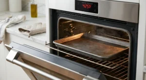 An empty baking sheet sits inside an open oven preheated to four hundred twenty-five degrees, with the digital temperature display showing 425°F clearly. This essential step for making baked chicken thighs at 425 crispy shows the empty pan getting hot to help sear the skin immediately. The modern stainless steel oven is set against a clean kitchen background.