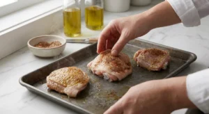 Hands place seasoned bone-in raw poultry pieces onto a preheated best baking sheet for chicken thighs to get an immediate sizzle. The metal pan holds three chicken thighs coated in dry rub next to a spice bowl and oil bottles on a bright kitchen counter.