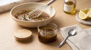A clear glass jar filled with an emulsified herb and oil blend sits on a light oak wood counter alongside its wooden lid to showcase the best chicken marinade recipe. In the blurred background, a whisk rests in a large ceramic bowl next to fresh lemon slices and a bottle of olive oil under bright morning light.
