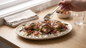 A hand uses a silver spoon to drizzle extra herb-flecked juices onto tender, golden-brown chicken thighs served on a bed of white rice with roasted asparagus, red onions, and cherry tomatoes, showcasing the best grilled chicken marinade. The complete dinner platter rests on a light oak wood counter next to a glass of water and a folded linen napkin under bright window light.