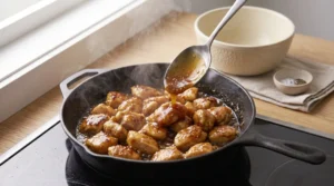 A large metal spoon drizzles a thick, glossy brown glaze back onto seared chicken pieces coating them uniformly to showcase the best honey garlic sauce for chicken. The seasoned meat bubbles gently inside a hot black cast-iron skillet on an induction stovetop next to a linen napkin with a ceramic bowl and salt dish.
