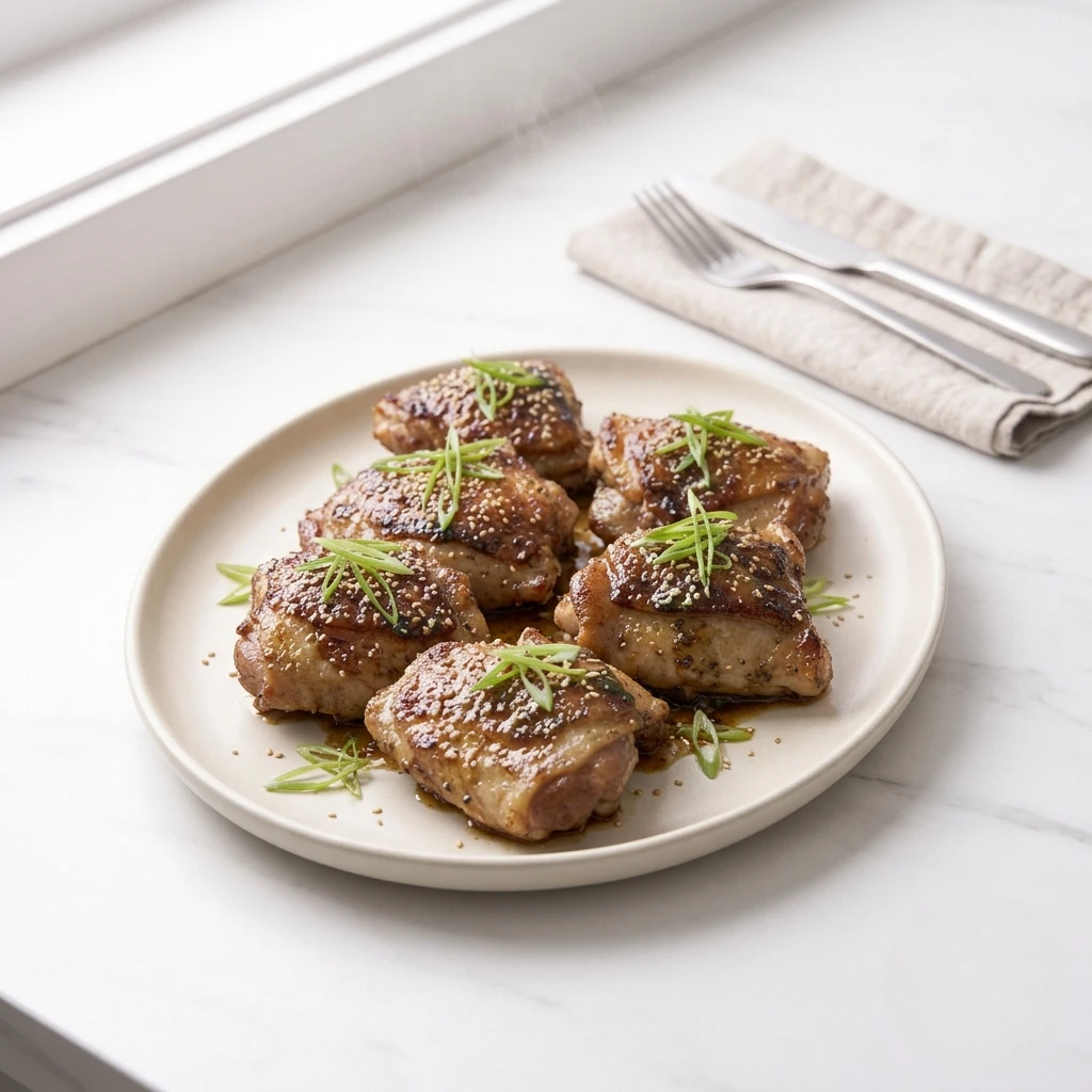 A round beige ceramic plate holds six cooked, glistening bone-in chicken thighs garnished with toasted sesame seeds and thinly sliced green scallions to showcase the best marinade for chicken thighs. The plate sits angled on a clean white marble countertop next to a folded linen napkin topped with a silver fork and knife under bright window light.