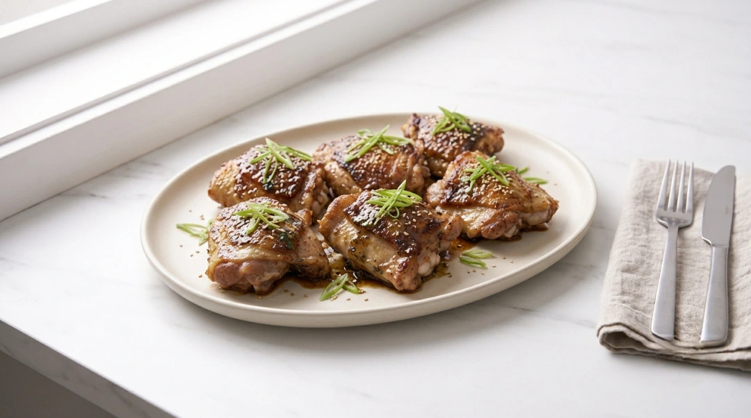 A horizontal shot of an oval beige ceramic platter holding six glistening, Best Chicken Marinade thighs garnished with sesame seeds and green scallions to highlight the best marinade for chicken thighs. The platter rests on a bright white marble countertop next to a folded linen napkin with a silver fork and knife under natural window light.