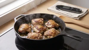 Six bone-in, skin-on chicken thighs sear to a deep golden-brown crisp inside a seasoned black cast-iron skillet, highlighting a flavorful chicken marinade for grilling or pan-searing. White steam rises from the bubbling fat on an induction stovetop, while a wooden spatula and a digital meat thermometer on a beige linen cloth rest on a light oak wood counter in the background.
