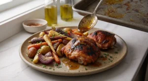 A metal spoon pours rich pan juices over golden-brown cooked poultry pieces on a ceramic plate to highlight a delicious recipe for crispy baked chicken thighs with vegetables. The plated dinner features roasted carrots, potatoes, and red onions on a smooth marble surface next to oil bottles and an empty baking sheet under bright natural light.