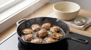 Bite-sized chicken pieces sear until golden-brown and crispy inside a hot black cast-iron skillet on an induction stovetop to make a crispy honey garlic chicken recipe. Steaming hot grease bubbles gently around the meat, with an empty ceramic bowl and a small salt dish sitting on a linen cloth in the background.