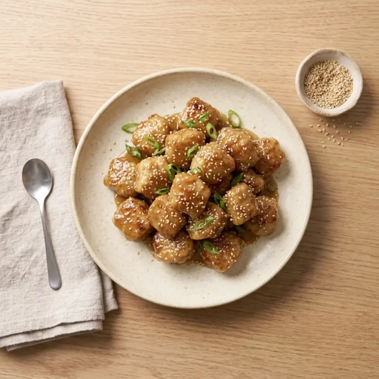 A top-down overhead shot shows a pile of glistening, golden-brown chicken bites garnished with white sesame seeds and sliced green onions on a round beige ceramic plate to highlight a crispy honey garlic chicken recipe. The plate rests on a smooth light oak wood surface next to a folded linen napkin with a silver spoon and a small matching clay bowl filled with toasted sesame seeds.