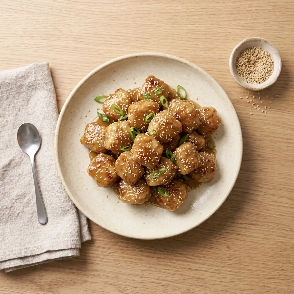 A top-down overhead shot shows a pile of glistening, golden-brown chicken bites garnished with white sesame seeds and sliced green onions on a round beige ceramic plate to highlight a crispy honey garlic chicken recipe. The plate rests on a smooth light oak wood surface next to a folded linen napkin with a silver spoon and a small matching clay bowl filled with toasted sesame seeds.