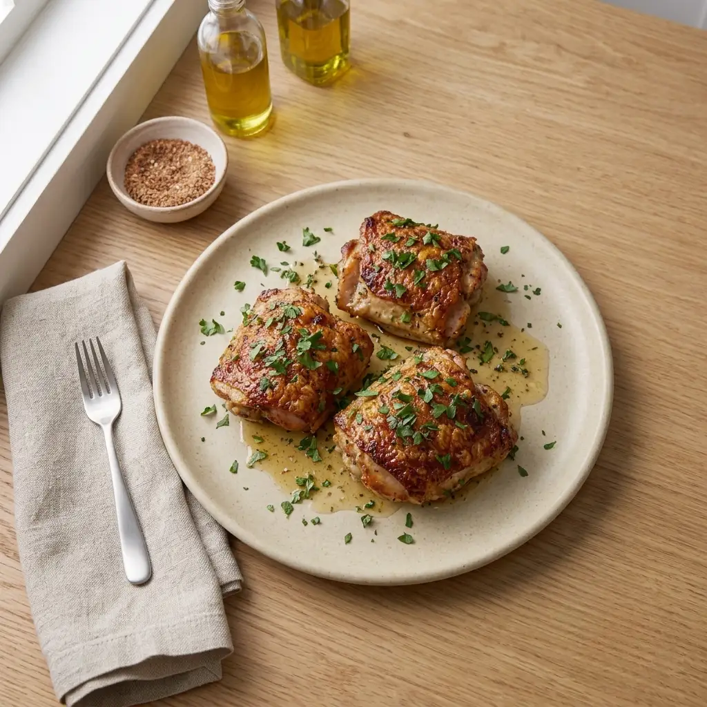 A top-down angle shots shows three golden-brown crispy oven baked chicken thighs arranged beautifully on a round beige ceramic plate. The plate sits on a smooth light oak wood surface under soft, natural lighting next to a linen napkin with a silver fork, olive oil bottles, and a small spice bowl. Freshly chopped parsley is sprinkled over the roasted chicken and the pooling pan juices.