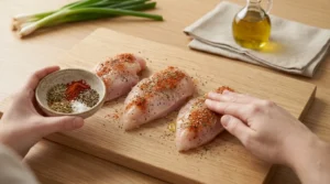A person holds a small ceramic bowl containing a vibrant blend of paprika, dried herbs, salt, and pepper in their left hand while using their right hand to gently rub the seasoning onto three raw chicken breasts arranged on a light oak wood cutting board, illustrating the easy baked chicken breast preparation. A bottle of olive oil, a folded linen napkin, and green onions rest in the background.