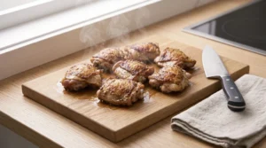 Six crispy, golden-brown chicken thighs rest on a wooden cutting board, releasing hot steam after being cooked with an easy chicken marinade. A sharp chef's knife lies on a folded linen cloth next to the board on a light oak wood kitchen counter near a bright window.