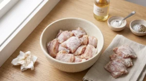 Raw skinless chicken pieces lightly tossed in cornstarch and black pepper rest inside a large ceramic bowl to prepare an easy honey garlic chicken recipe. The bowl sits on a light oak wood kitchen counter next to a cloth napkin holding more chicken pieces, small seasoning dishes, and a glass bottle of rice vinegar near a bright window.