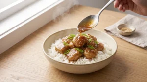 A hand holds a large metal spoon, drizzling a glossy, sweet glaze over glistening bite-sized chicken pieces served over a bed of fluffy white rice to showcase a complete honey garlic chicken and rice meal. The final plated dish is presented in a beige ceramic bowl on a smooth light oak wood surface under bright natural window light, garnished with fresh green scallions and toasted sesame seeds.
