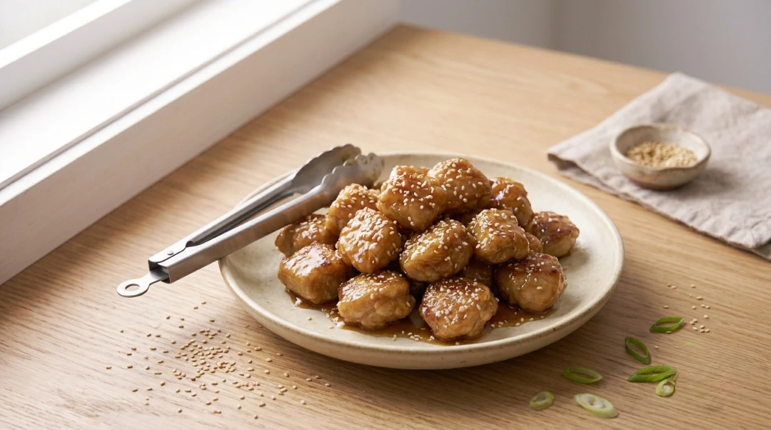 A mound of glistening, sweet glazed poultry pieces sits piled on a round beige ceramic plate to highlight a classic honey garlic chicken recipe. The dish is presented with metal serving tongs on a smooth light oak wood tabletop alongside a linen napkin holding a small bowl of toasted sesame seeds, with sliced green scallions scattered nearby under bright natural light.