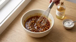 A hand uses a metal whisk to mix chopped garlic, chili flakes, and soy sauce in a beige ceramic bowl to prepare a sweet and savory honey garlic chicken sauce recipe. A clear bottle labeled rice vinegar and a small ingredient dish containing cornstarch rest on a light oak wood surface next to bright natural window light.