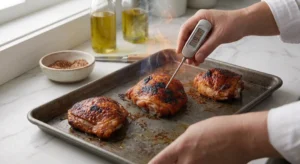 Three golden-brown cooked chicken thighs rest on a rustic metal baking sheet right next to a silver kitchen timer showing five minutes left, helping home cooks track how long to bake crispy chicken thighs perfectly. In the background, a small ingredient bowl and oil bottles sit on the marble counter surface under natural light.