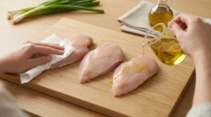 A close-up view shows two hands preparing chicken breasts on a light oak wood cutting board; one hand uses a white paper towel to pat a chicken breast dry, while the other pours olive oil from a small glass pitcher onto a second chicken breast to illustrate how to bake juicy chicken breast. Fresh green onions rest in the upper left background near a small bottle of olive oil and a folded linen napkin.