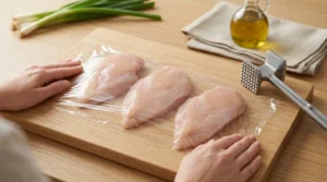 A close-up view shows two hands positioning three raw chicken breasts covered with plastic wrap on a light oak wood cutting board, next to a meat mallet to illustrate how to bake juicy chicken breast. Fresh green onions rest in the upper left background near a small bottle of olive oil and a folded linen napkin.