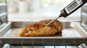 A close-up view shows a digital meat thermometer inserted into a seasoned, golden-brown chicken breast resting on a metal baking sheet, displaying an internal temperature of 159°F to illustrate how to monitor baked chicken breast for doneness.