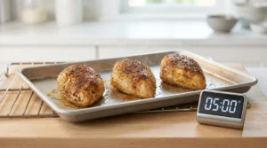 Three freshly baked, seasoned chicken breasts rest on a metal baking sheet on a wooden counter, next to a digital timer showing "05:00" to illustrate the essential five-minute resting time needed for juicy chicken.