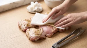 A close-up view of two hands using a clean white paper towel to gently pat marinated raw chicken thighs dry on a light oak wood counter, illustrating how to cook marinated chicken thighs properly. Metal kitchen tongs rest in the lower right foreground next to a small ceramic dish holding a crumpled paper towel.