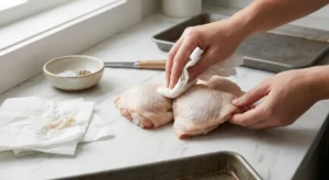 Hands using a white paper towel to pat dry raw bone-in chicken thighs on a clean kitchen counter to master how to get crispy skin on baked chicken thighs. A small ceramic seasoning bowl, a wooden knife handle, and metal baking sheets rest in the background under bright natural light.