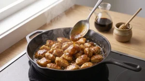 A metal spoon coats caramelized poultry bits with a rich, glossy glaze to demonstrate how to make honey garlic chicken effortlessly. The sticky sauce bubbles gently inside a hot cast-iron skillet on an induction stove, with a soy sauce decanter and a small clay honey pot with a wooden dipper resting on a light oak wood counter in the background.