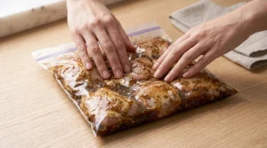 Two hands gently massage raw chicken pieces sealed inside a plastic ziplock bag to coat them evenly with an herb-flecked brown glaze, showcasing how to marinate chicken properly. The clear bag rests flat on a light oak wood tabletop next to a folded linen cloth under bright kitchen window light.