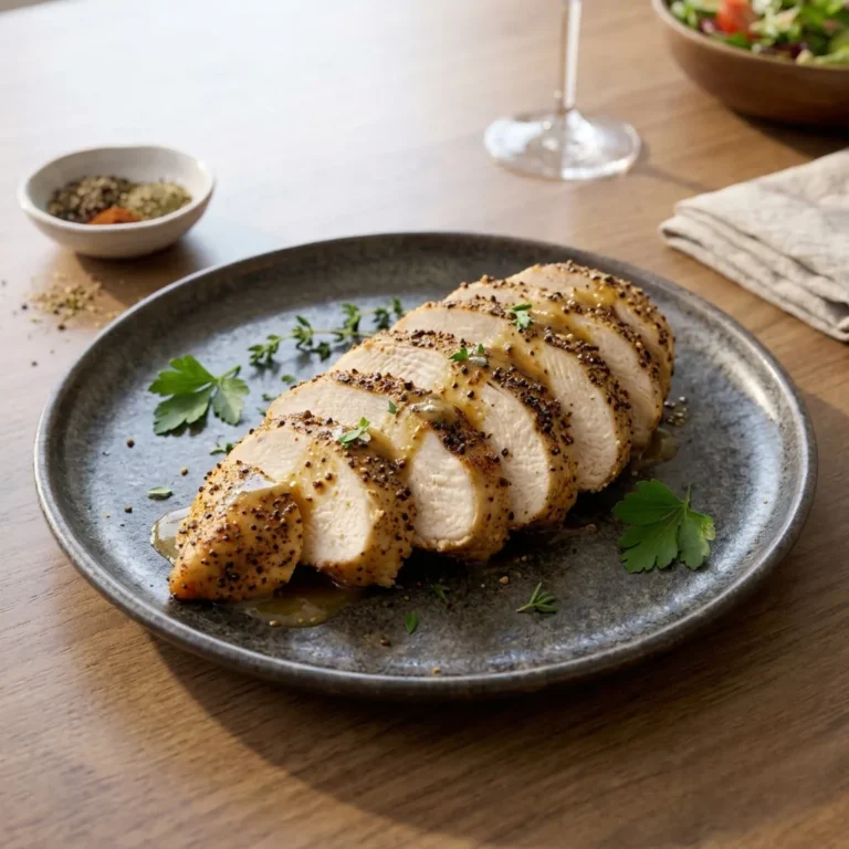 A dark ceramic plate holds perfectly sliced, seasoned chicken breast drizzled with a savory pan sauce and garnished with fresh green herbs, illustrating the final presentation of juicy baked chicken breast. A small bowl of seasoning rests in the background next to a linen napkin.