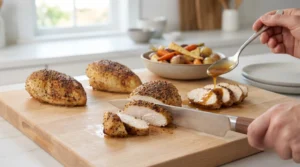 A person uses a sharp chef's knife to slice a perfectly cooked, golden-brown chicken breast on a large wooden cutting board, while their other hand uses a spoon to drizzle savory pan juices over already sliced chicken, illustrating the final steps of preparing juicy baked chicken breast. A bowl of roasted root vegetables sits in the blurred background.