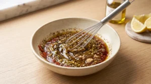 A stainless steel whisk combines olive oil, minced garlic, paprika, and dried herbs in a textured beige ceramic bowl to create a flavorful lemon garlic chicken marinade. Fresh lemon wedges on a small marble plate and a bottle of olive oil rest on the light oak wood countertop in the background under soft kitchen window light.