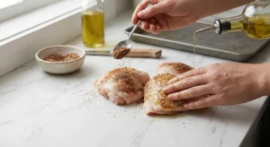 A hand pours olive oil from a glass bottle spout onto raw chicken thighs while another hand uses a metal spoon to sprinkle spice blend seasoning for crispy baked chicken thighs. The chicken rests on a light marble kitchen counter alongside a small ceramic ingredient bowl, a wooden knife handle, and a baking sheet under bright natural light.
