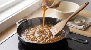 A hand pours a sweet, glassy brown glaze from a glass measuring cup into a hot black cast-iron skillet to reduce into a sticky honey garlic chicken sauce. The sauce bubbles vigorously around a wooden spatula on a black induction cooktop, with a ceramic mixing bowl and a small seasoning dish on a linen towel in the background.
