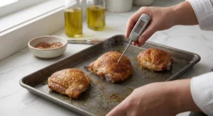 A hand inserts a digital probe thermometer showing an internal temp reading into a hot, crispy oven baked chicken thighs piece straight out of the oven. This crucial step clears up what temperature for crispy baked chicken thighs is needed to ensure safety while keeping the meat juicy, with three golden-brown pieces resting on a metal pan under natural light.