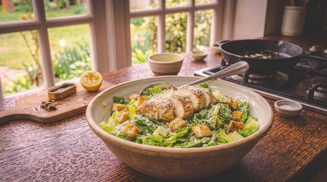 A large ceramic bowl filled with a dressed chicken caesar salad, topped with sliced chicken breast, croutons, and parmesan, sits on a rustic wooden table with a serving spoon. A wooden board with anchovies, a lemon, a bowl of dressing, a cast-iron skillet, and a window are in the background.