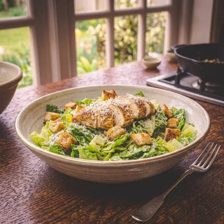 A large ceramic bowl filled with a dressed chicken caesar salad, topped with sliced chicken breast, golden croutons, and grated parmesan cheese, sits on a rustic wooden table alongside a fork, with a skillet and window in the background.