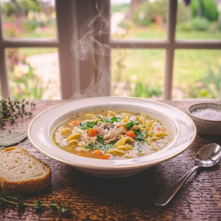 A steaming ceramic bowl of homemade chicken noodle soup filled with egg noodles, shredded chicken, carrots, and fresh herbs rests on a rustic wooden kitchen table. A slice of crusty bread, a spoon, and a small bowl of coarse salt complete the cozy setting against a sunlit window backdrop.
