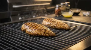 Two marinated chicken breasts searing on hot cast-iron grill grates, with light wisps of smoke rising and clear dark grill marks visible on the meat.