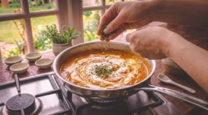 A person sprinkles dried fenugreek leaves over a stainless steel skillet filled with simmering orange butter chicken sauce swirled with heavy cream, sitting on a stovetop next to small bowls and a window.