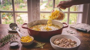 A person pours dry egg noodles from a clear glass measuring cup into a wide red enameled Dutch oven filled with simmering soup on a rustic wooden kitchen table. A bowl of shredded cooked chicken, fresh thyme, a ladle, and salt sit on the counter against a bright window.