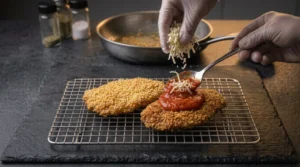 A gloved hand uses a spoon to top a crispy chicken cutlet with marinara sauce while another gloved hand sprinkles shredded mozzarella cheese on top.