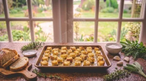 A baking sheet filled with golden, toasted bread cubes sits on a rustic wooden table in front of a bright window, surrounded by sliced artisan bread, fresh herbs, garlic cloves, and small bowls of coarse salt.