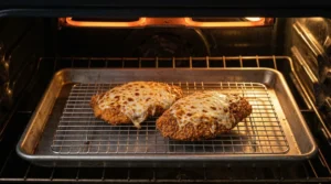 Two chicken cutlets topped with bubbling, melted cheese bake on a wire rack inside a hot oven under the broiler coils.