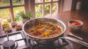 A stainless steel skillet on a stove holds sautéed onions and tomatoes topped with vibrant mounds of colorful ground spices, with a bowl of crushed tomatoes and small spice dishes on a wooden counter by a window.