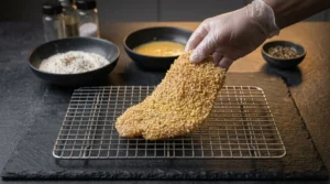 A gloved hand places a fully breaded chicken cutlet onto a wire cooling rack on a dark slate counter, with the breading station bowls in the background.