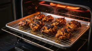 Marinated chicken tikka pieces arranged on a wire rack over a baking sheet, broiling under the glowing upper heating elements of an oven with char marks developing.
