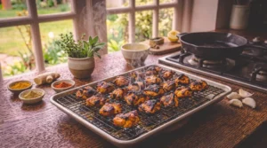 A baking sheet fitted with a wire rack holds steaming, charred chunks of marinated chicken fresh from the oven, resting on a rustic wooden table alongside spices, garlic, and fresh herbs near a window.